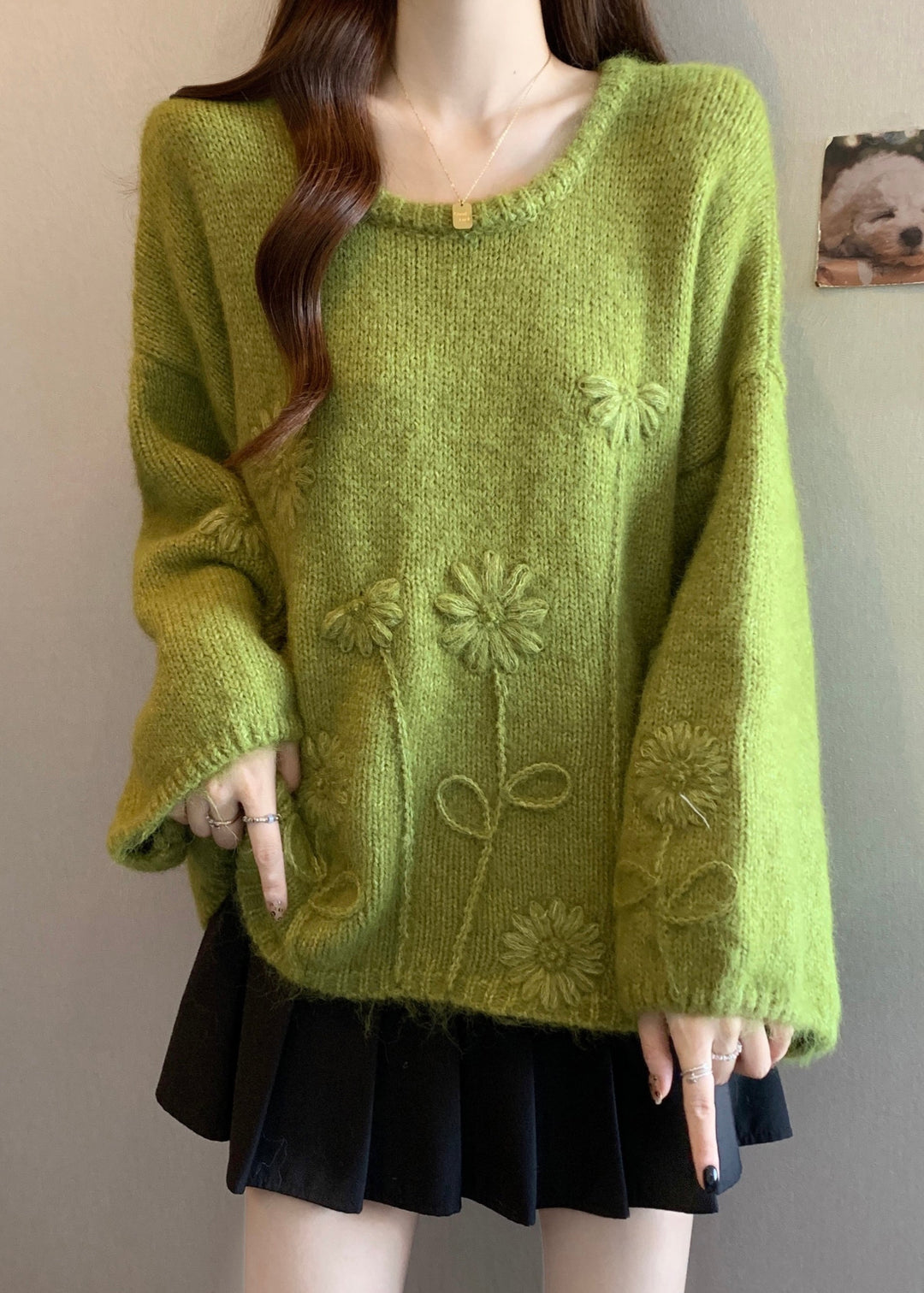 Jacquard Olive Green O Neck Cozy Knit Sweater Tops Winter