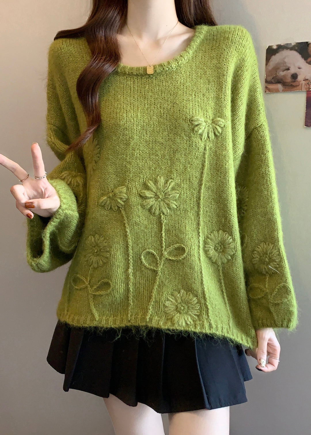 Jacquard Olive Green O Neck Cozy Knit Sweater Tops Winter