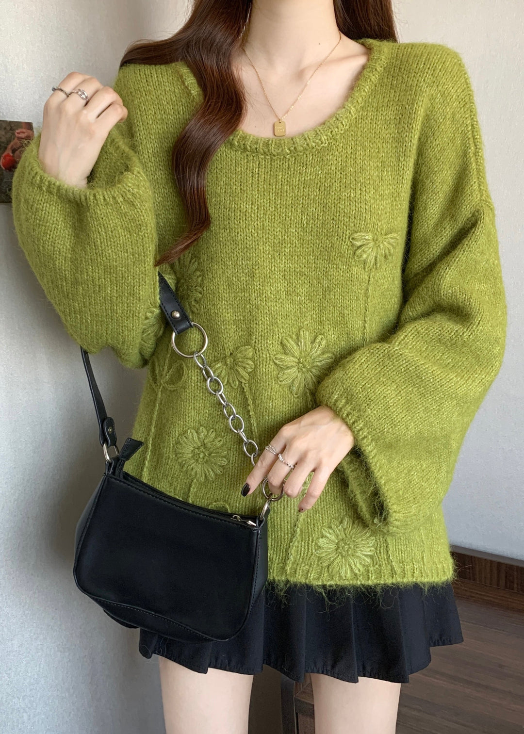 Jacquard Olive Green O Neck Cozy Knit Sweater Tops Winter
