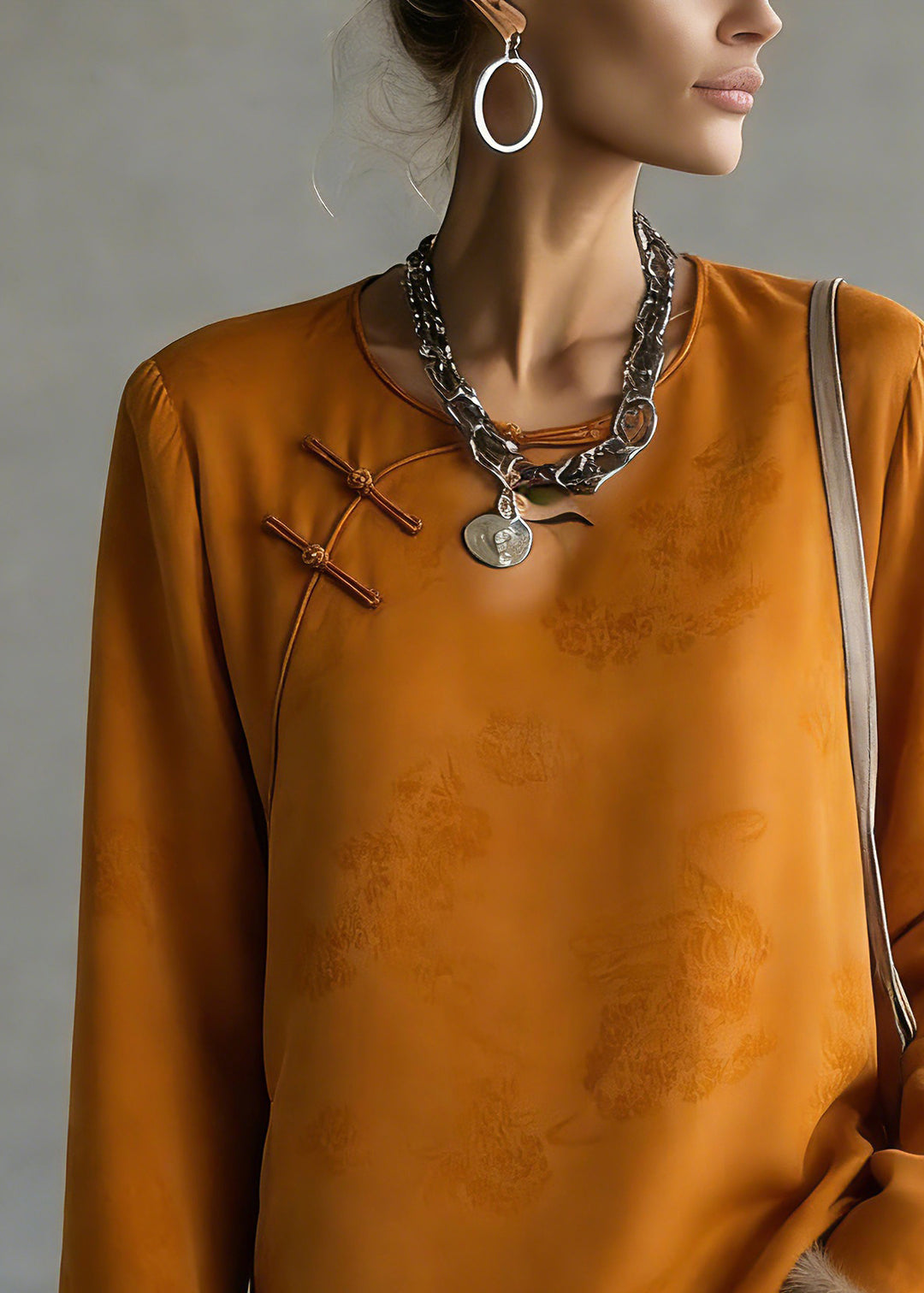 Jacquard Orange O-Neck Patchwork Silk Cotton Shirts Flare Sleeve - Omychic