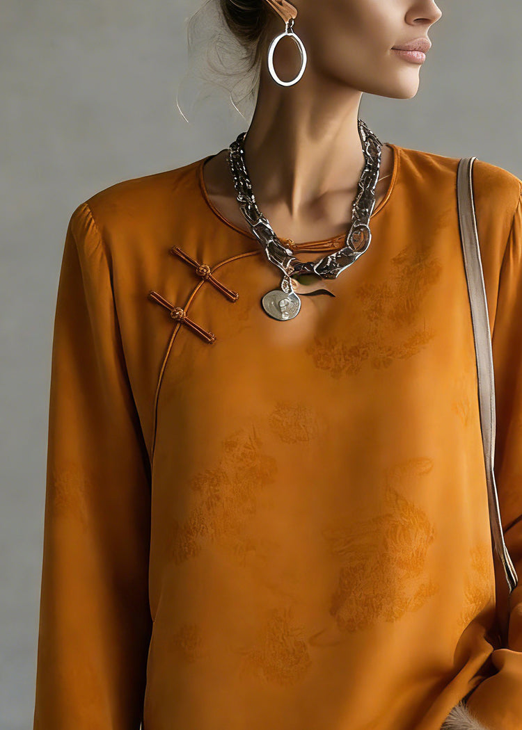 Jacquard Orange O-Neck Patchwork Silk Cotton Shirts Flare Sleeve - Omychic