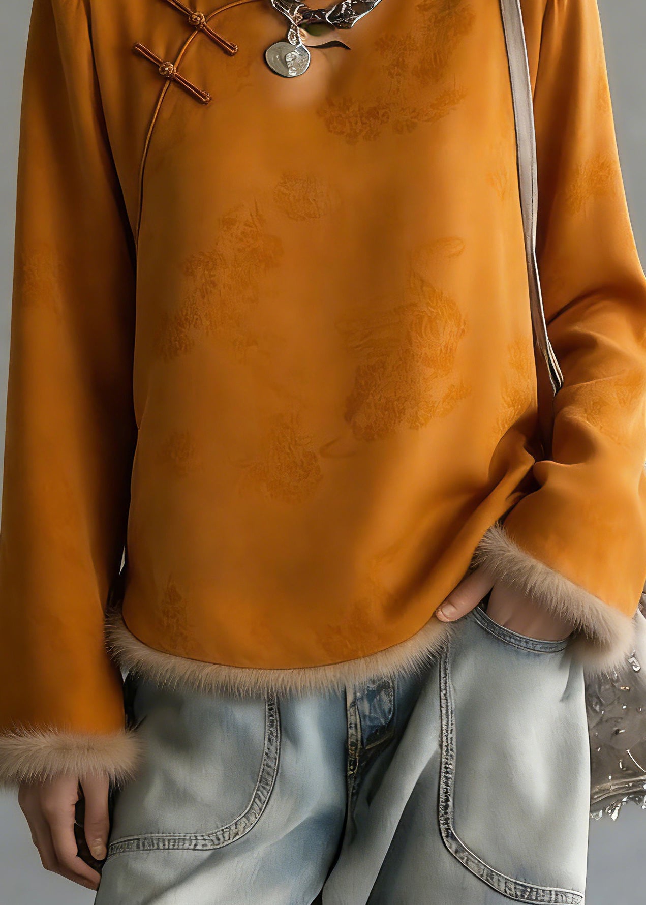 Jacquard Orange O-Neck Patchwork Silk Cotton Shirts Flare Sleeve - Omychic