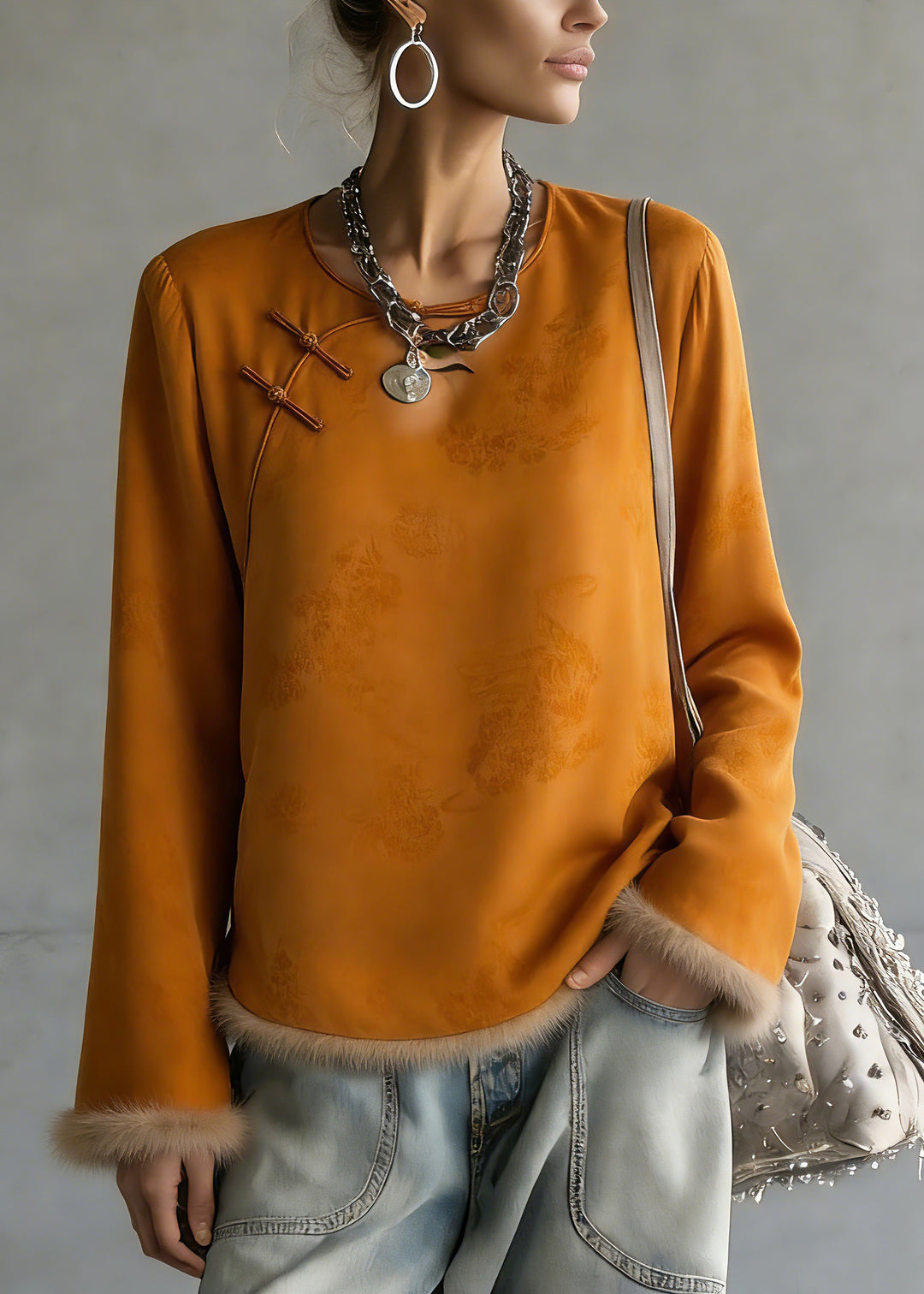 Jacquard Orange O-Neck Patchwork Silk Cotton Shirts Flare Sleeve - Omychic