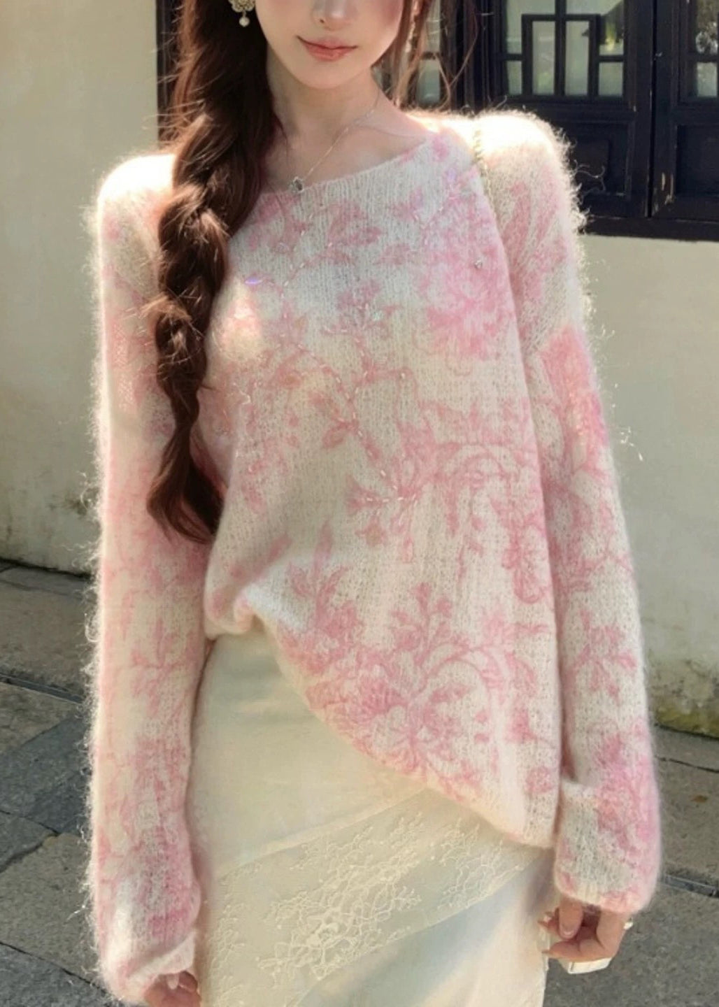 Jacquard Pink Embroidered Zircon Wool Knit Sweaters Fall