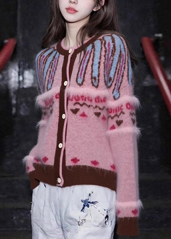 Jacquard Pink O-Neck Button Cotton Knit Cardigan Fall