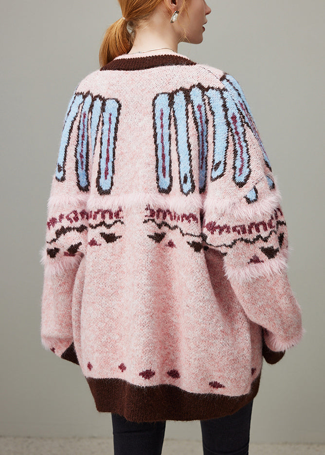 Jacquard Pink O Neck Button Cozy Knit Coat Winter