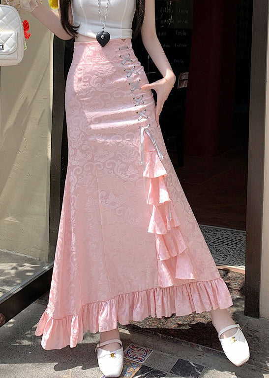 Jacquard Pink Ruffled High Waist Cotton Skirts Summer