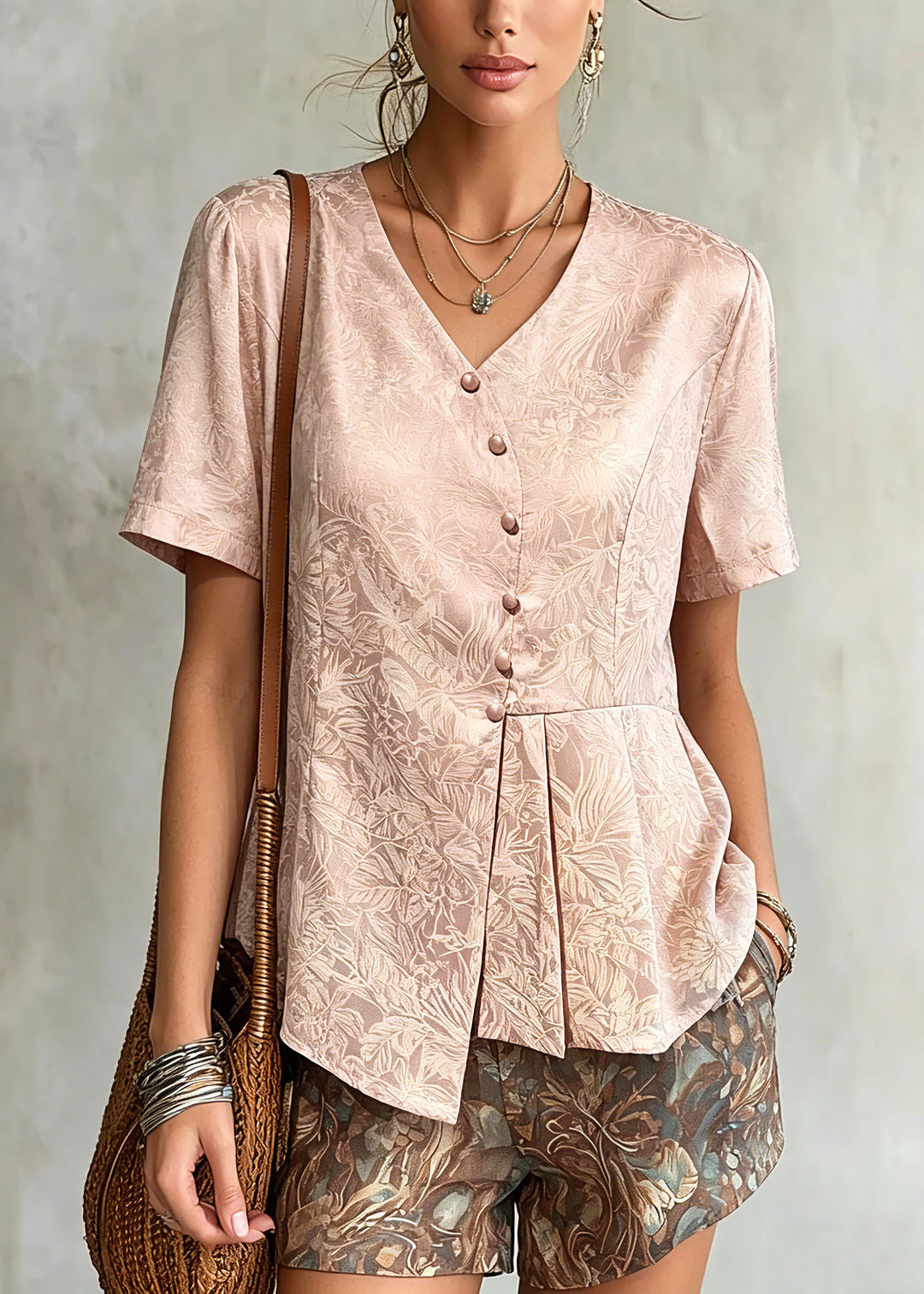 Jacquard Pink V Neck Asymmetrical Silk Top Summer