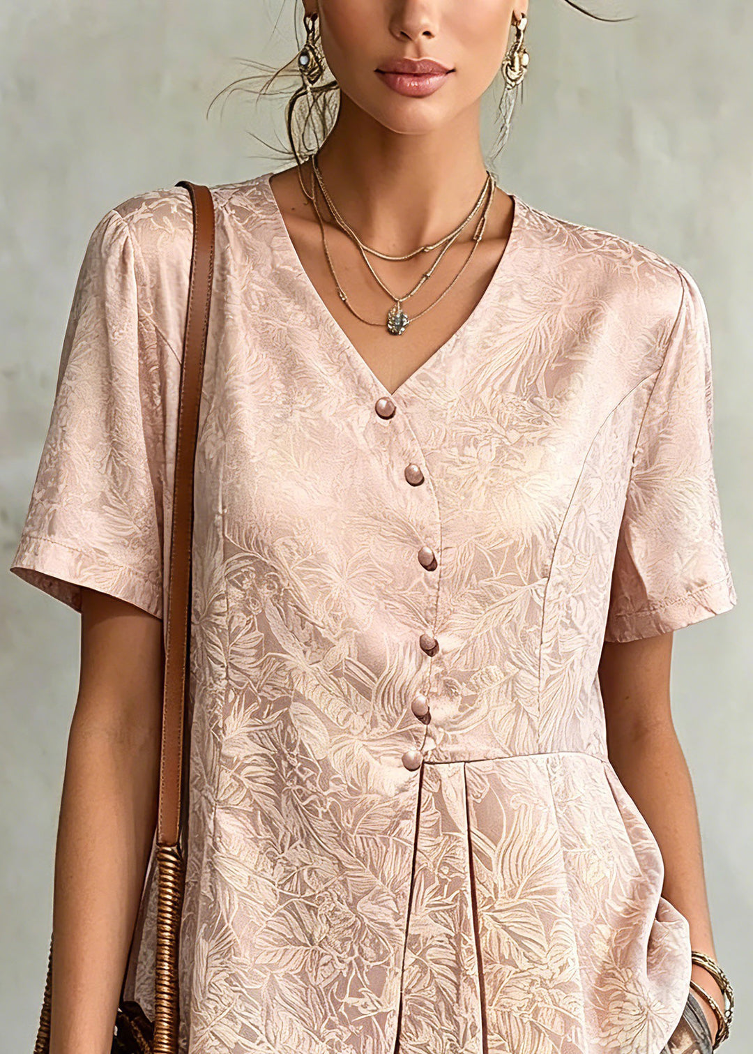Jacquard Pink V Neck Asymmetrical Silk Top Summer