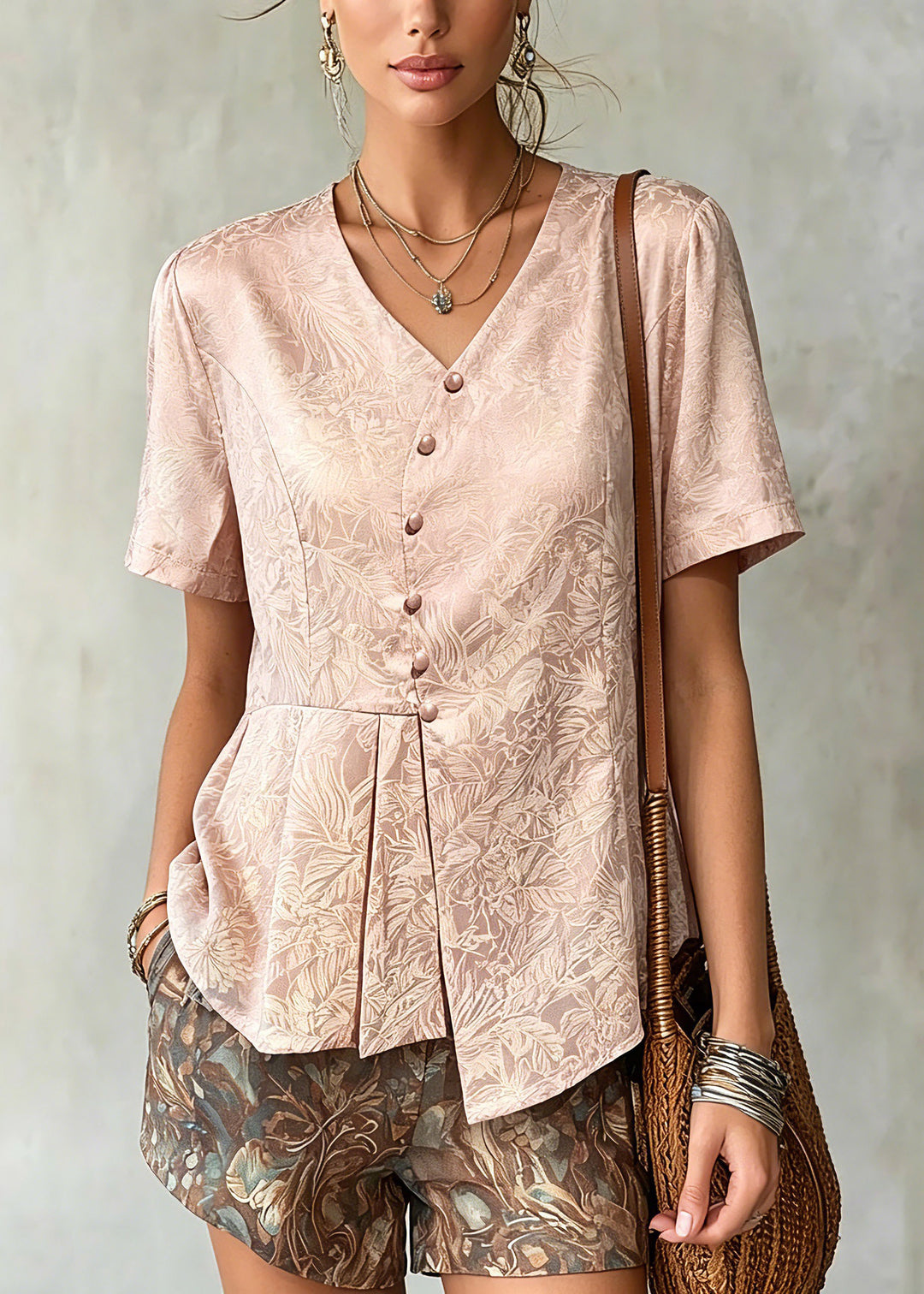 Jacquard Pink V Neck Asymmetrical Silk Top Summer