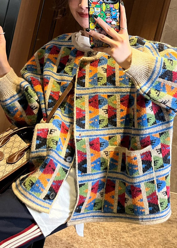 Jacquard Plaid Pockets Patchwork Knit Coat Fall