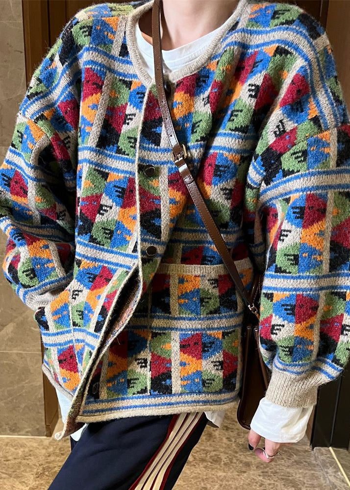 Jacquard Plaid Pockets Patchwork Knit Coat Fall