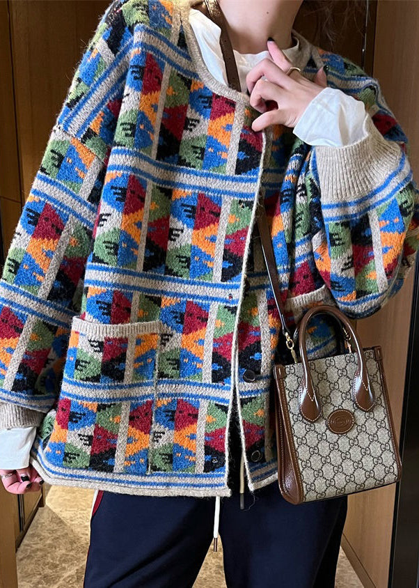 Jacquard Plaid Pockets Patchwork Knit Coat Fall