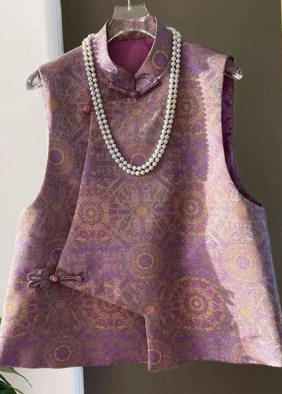 Jacquard Purple Stand Collar Asymmetrical Waistcoat Sleeveless