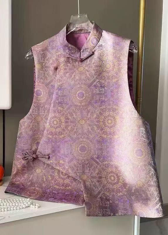 Jacquard Purple Stand Collar Asymmetrical Waistcoat Sleeveless