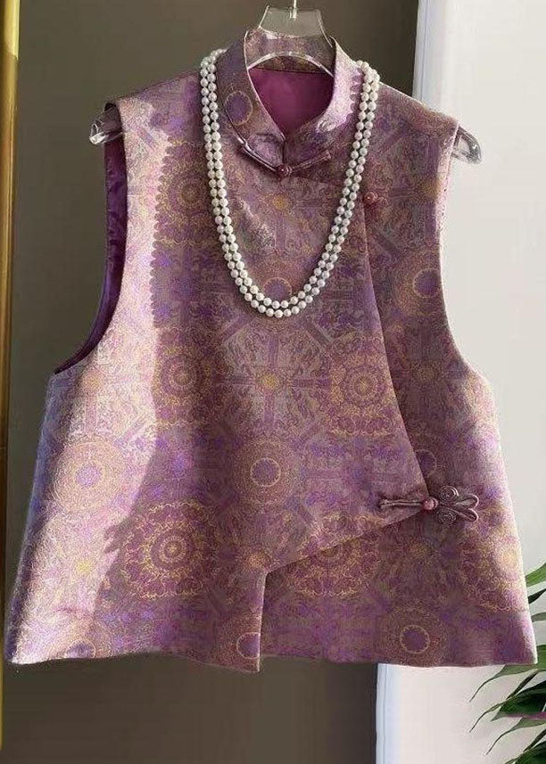 Jacquard Purple Stand Collar Asymmetrical Waistcoat Sleeveless