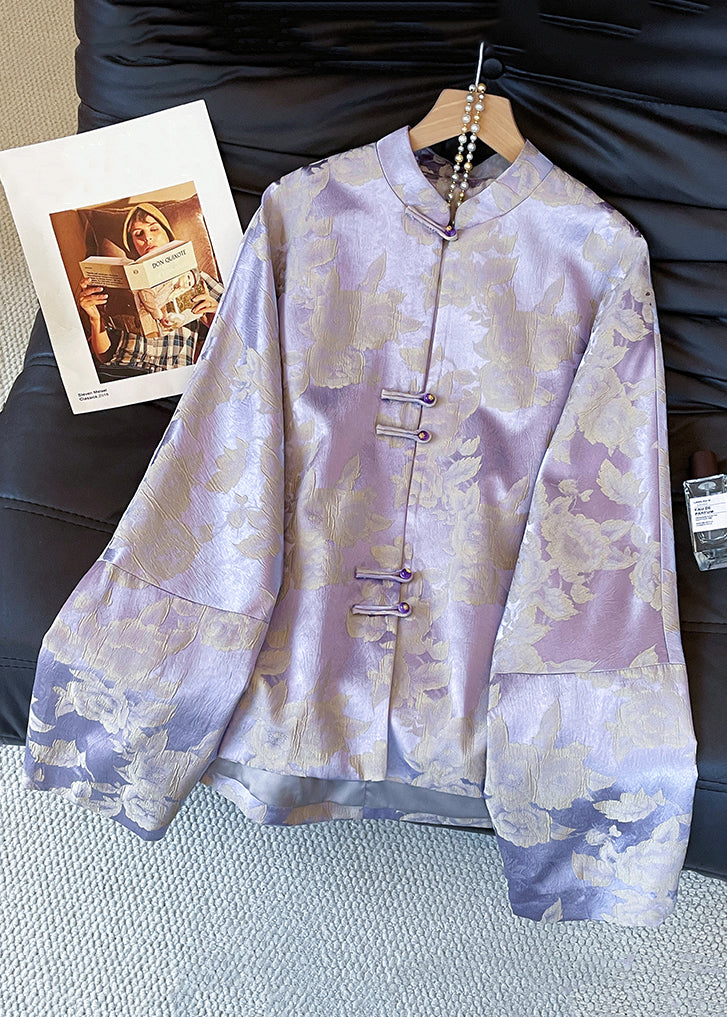 Jacquard Purple Stand Collar Button Silk Coat Fall