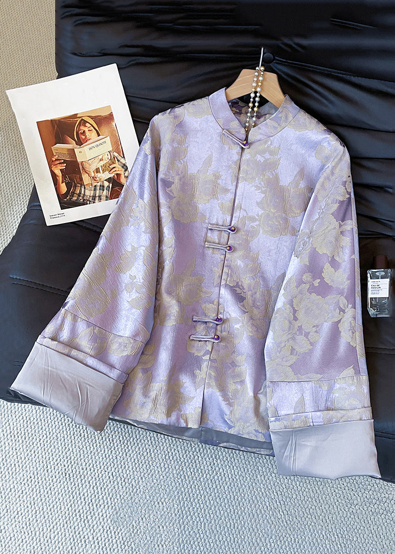 Jacquard Purple Stand Collar Button Silk Coat Fall