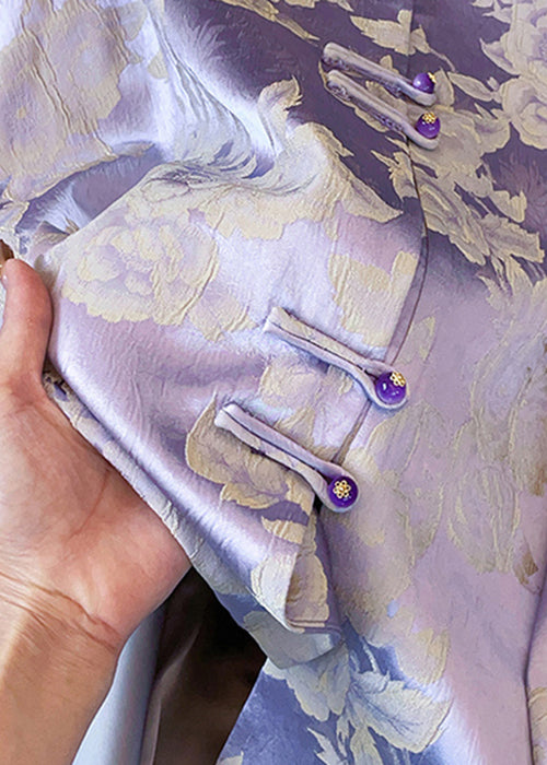 Jacquard Purple Stand Collar Button Silk Coat Fall