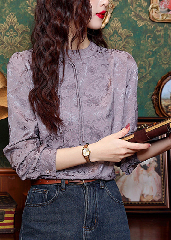 Jacquard Purple Turtleneck Tassel Silk Top Spring