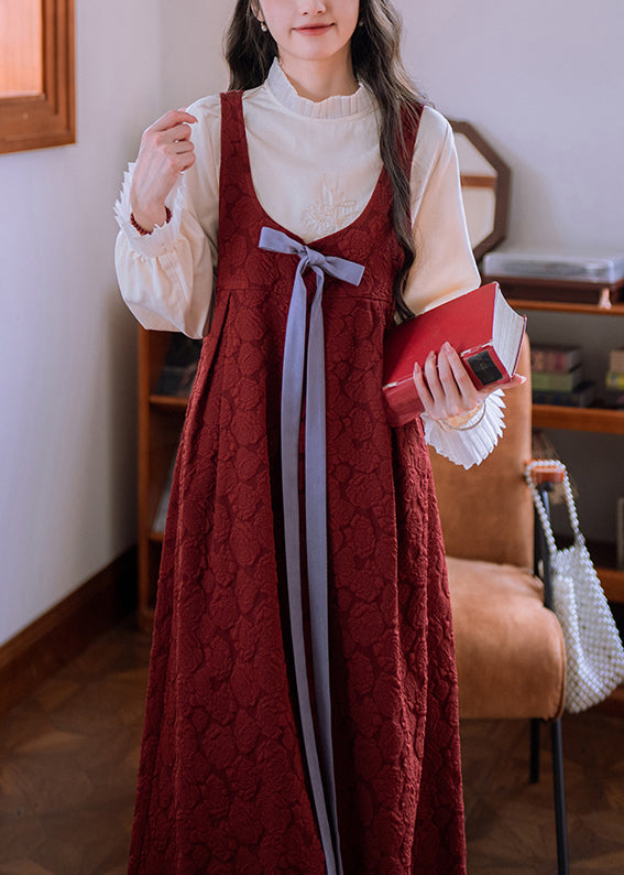 Jacquard Red Bow High Waist Cotton Long Dress Sleeveless