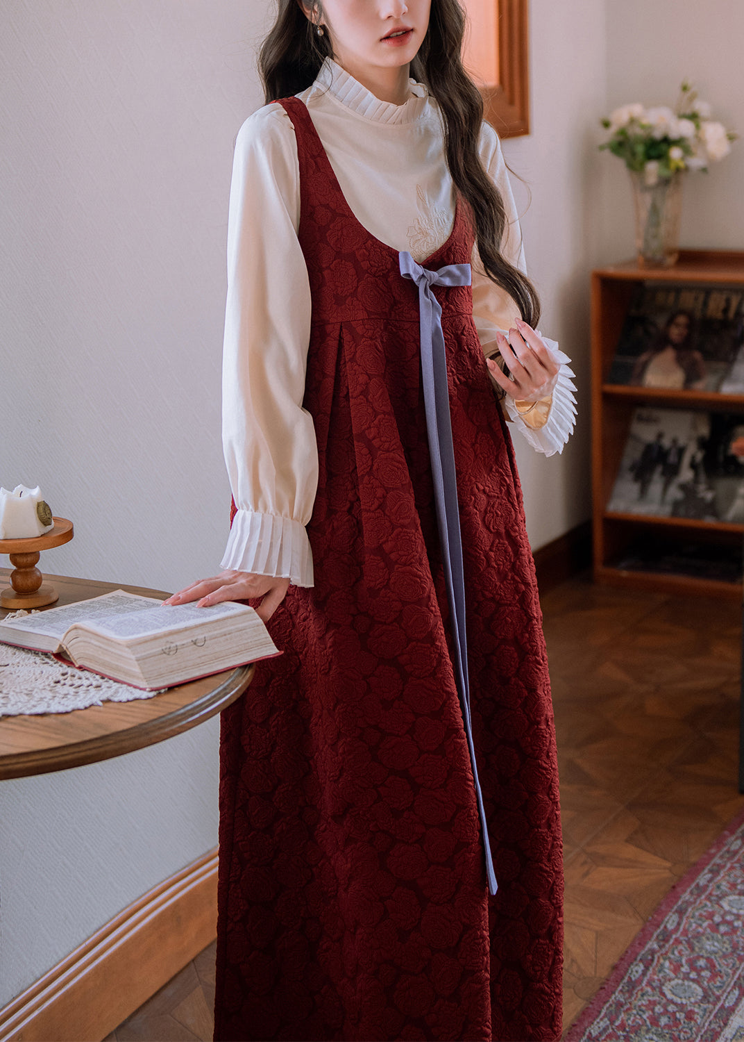 Jacquard Red Bow High Waist Cotton Long Dress Sleeveless