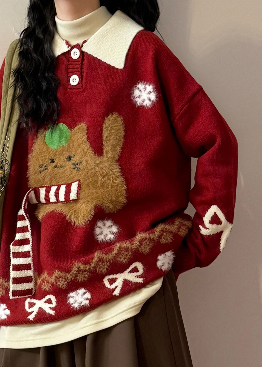 Jacquard Red Button Bow Kitten Patchwork Knit Sweaters Spring