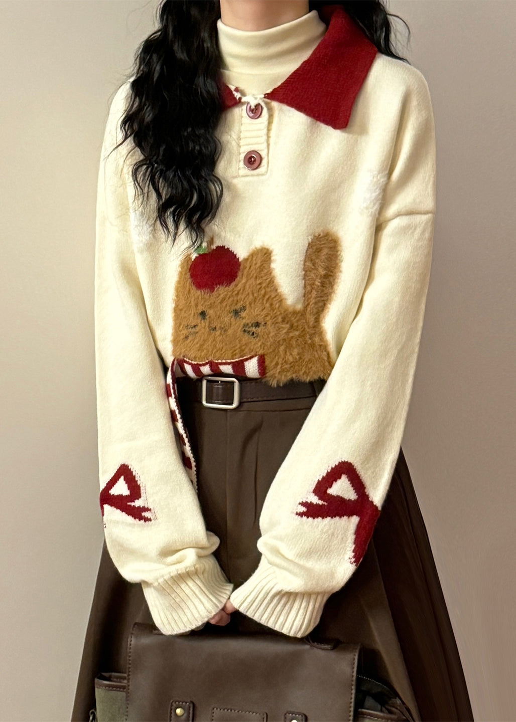 Jacquard Red Button Bow Kitten Patchwork Knit Sweaters Spring