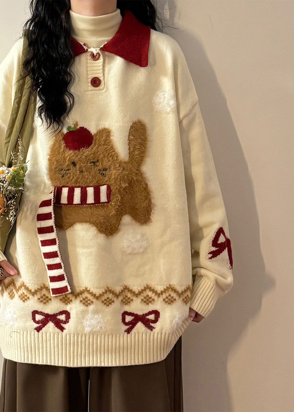 Jacquard Red Button Bow Kitten Patchwork Knit Sweaters Spring