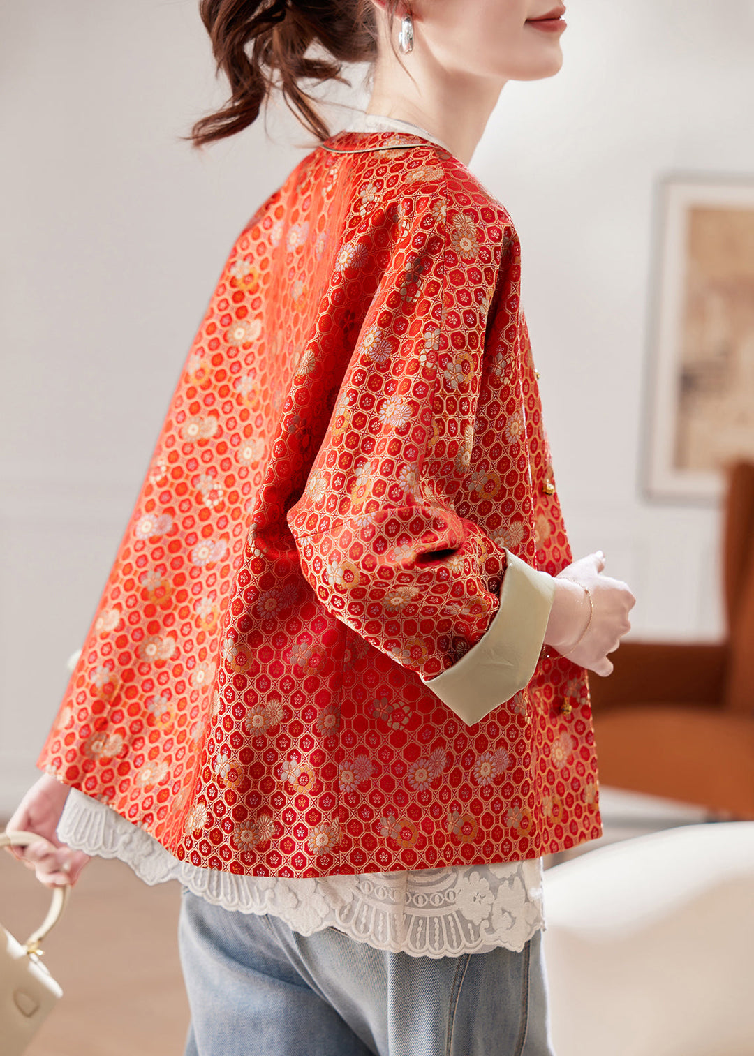 Jacquard Red O Neck Button Silk Coats Fall