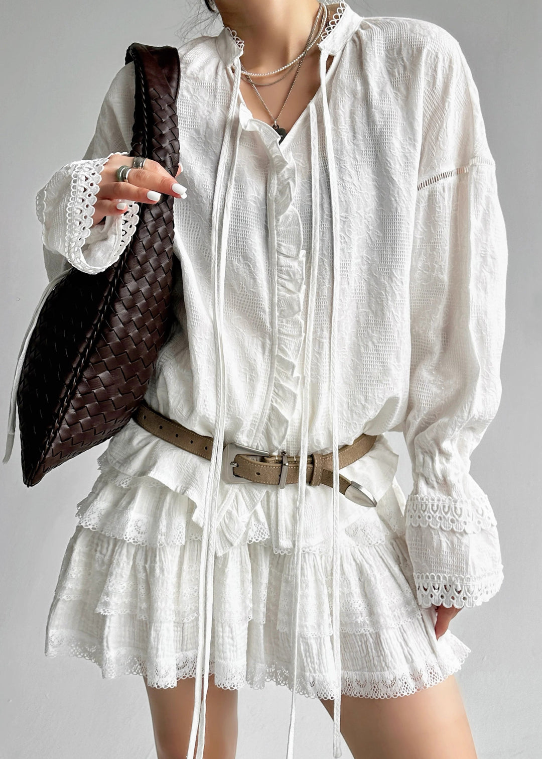 Jacquard White Lace Up Hollow Out Cotton Shirt Flare Sleeve