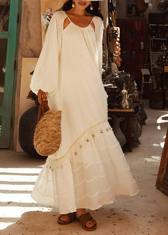 Jacquard White O-Neck Patchwork Shell Hollow Out Maxi Dress Lantern Sleeve