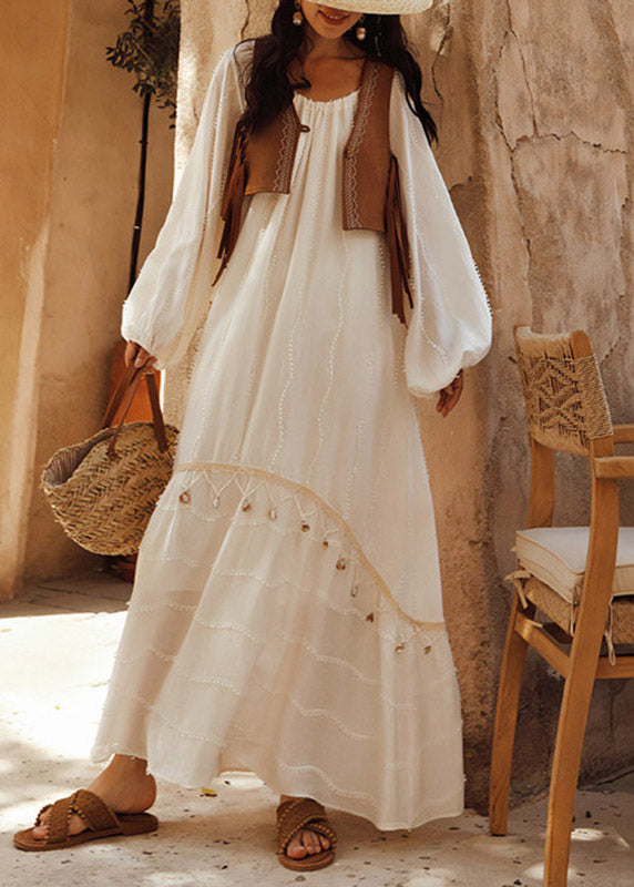 Jacquard White O-Neck Patchwork Shell Hollow Out Maxi Dress Lantern Sleeve