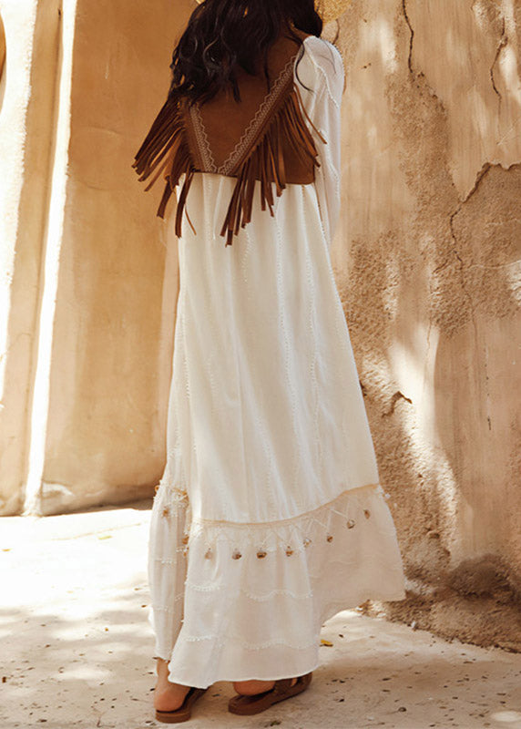 Jacquard White O-Neck Patchwork Shell Hollow Out Maxi Dress Lantern Sleeve
