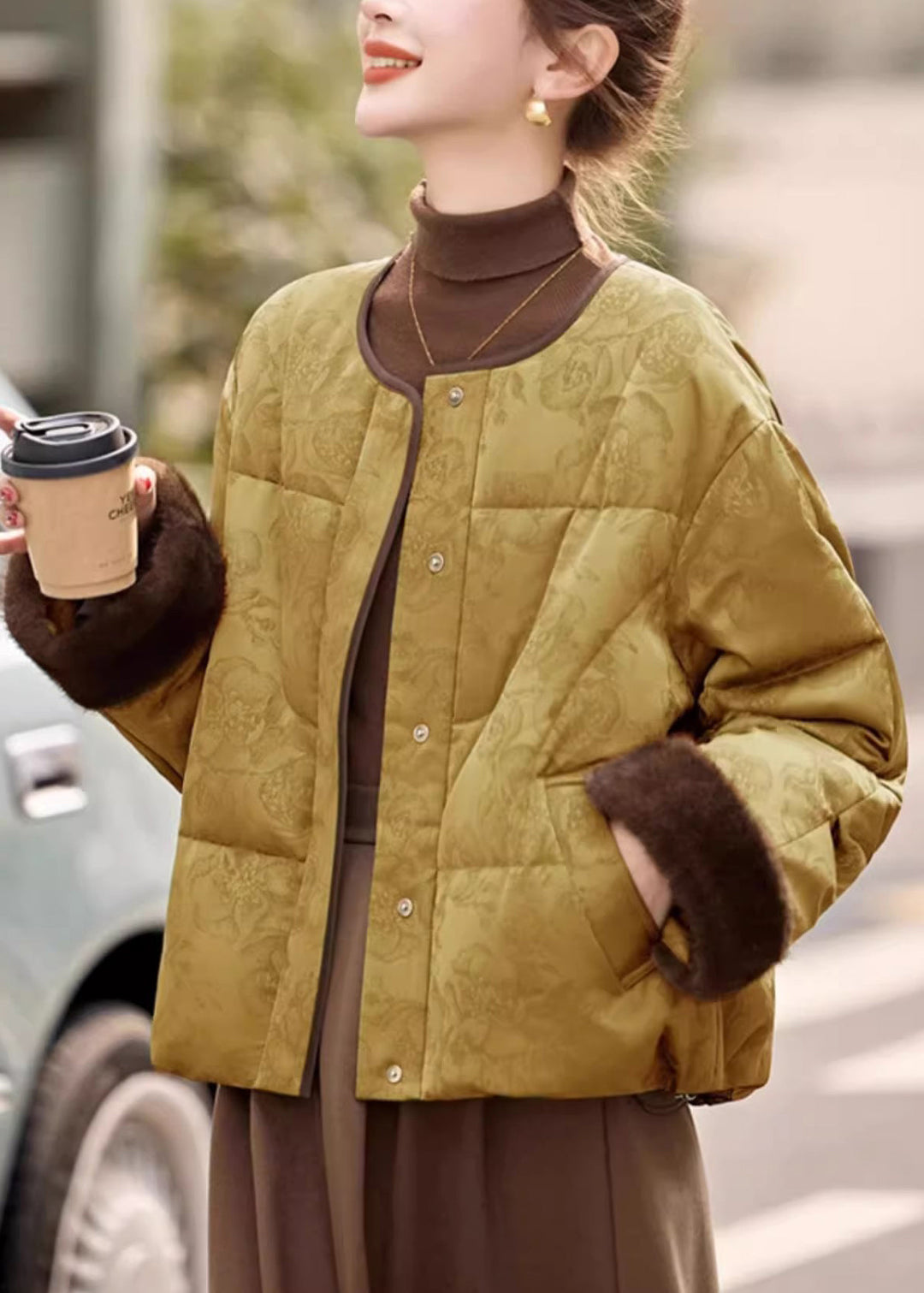 Jacquard Yellow Button Pockets Drawstring Down Coat