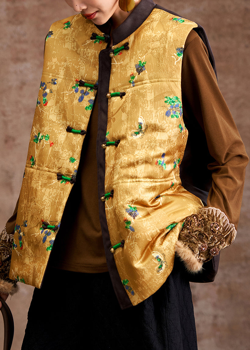 Jacquard Yellow Stand Collar Button Waistcoat Sleeveless