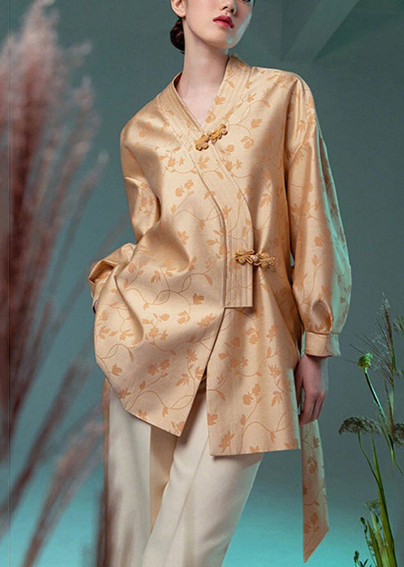 Jacquard Yellow V Neck Chinese Button Silk Coat Long Sleeve