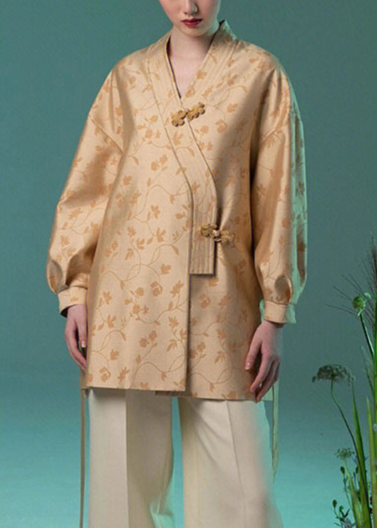 Jacquard Yellow V Neck Chinese Button Silk Coat Long Sleeve