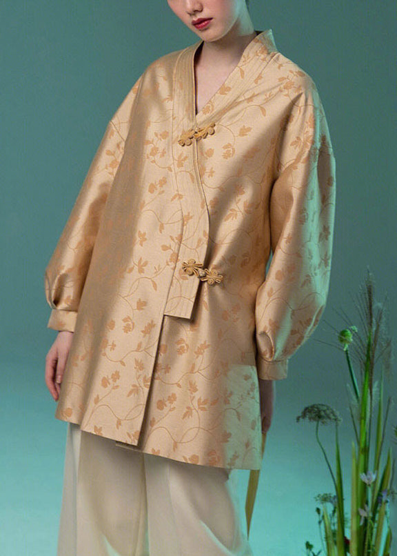 Jacquard Yellow V Neck Chinese Button Silk Coat Long Sleeve