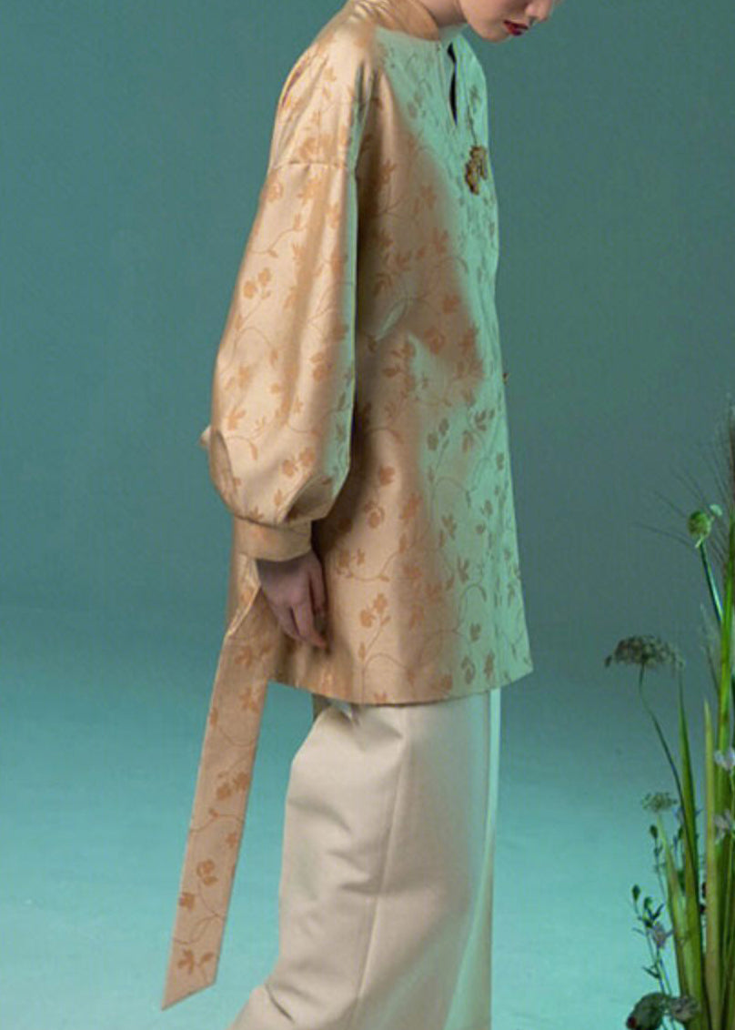 Jacquard Yellow V Neck Chinese Button Silk Coat Long Sleeve