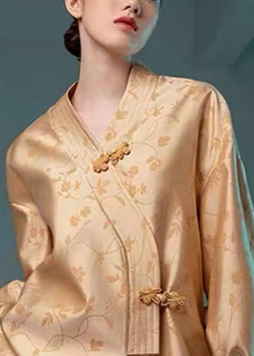 Jacquard Yellow V Neck Chinese Button Silk Coat Long Sleeve