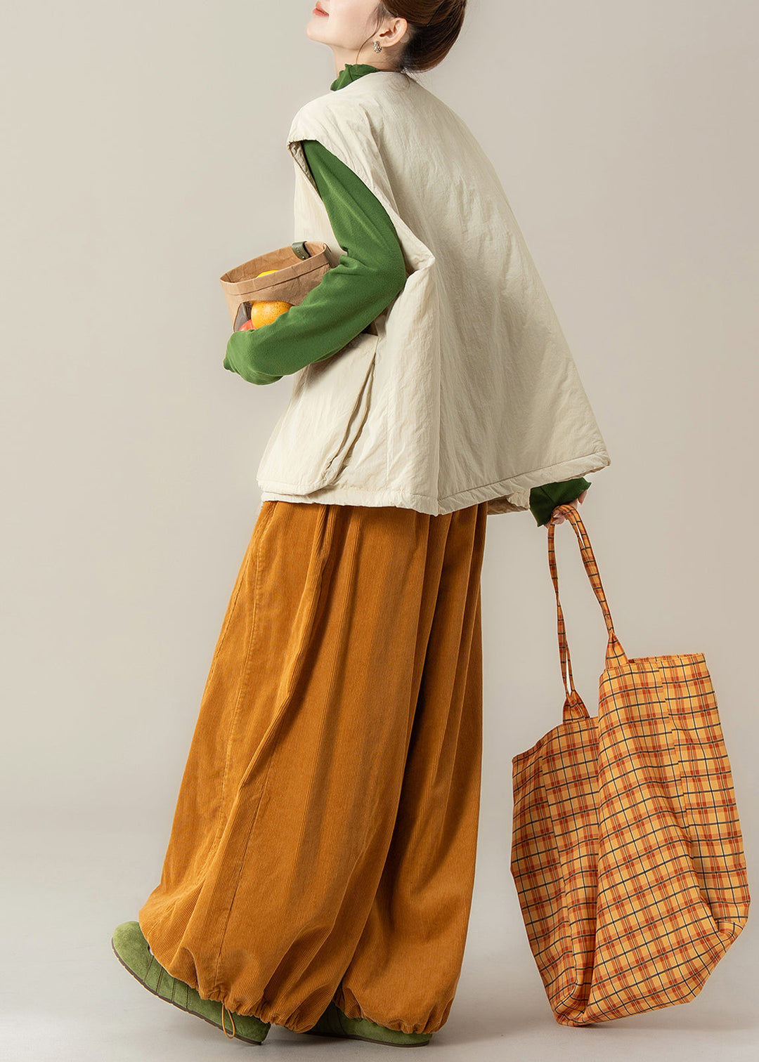 Japanese Apricot Cotton Filled Vest Drawstring 3 Piece Outfit Winter