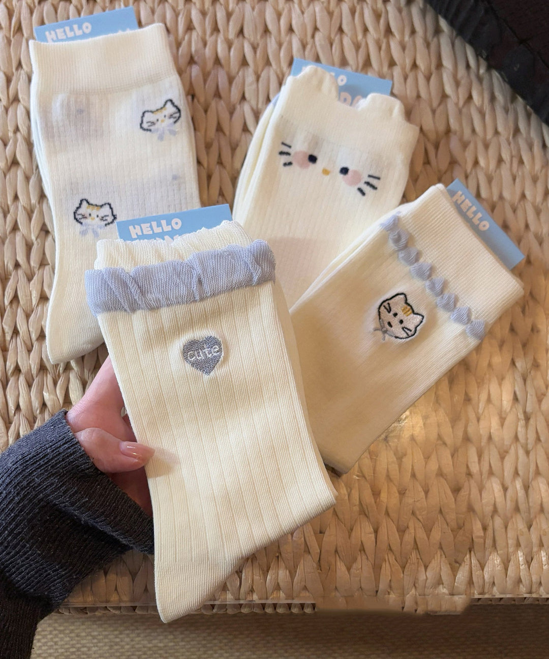 Japanese Cartoon Cute Cat Jacquard Mid Socks Cotton Summer