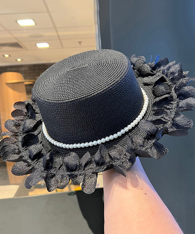 Japanese Elegant Black Pearl Lace Edge Straw Woven Cloche Hat