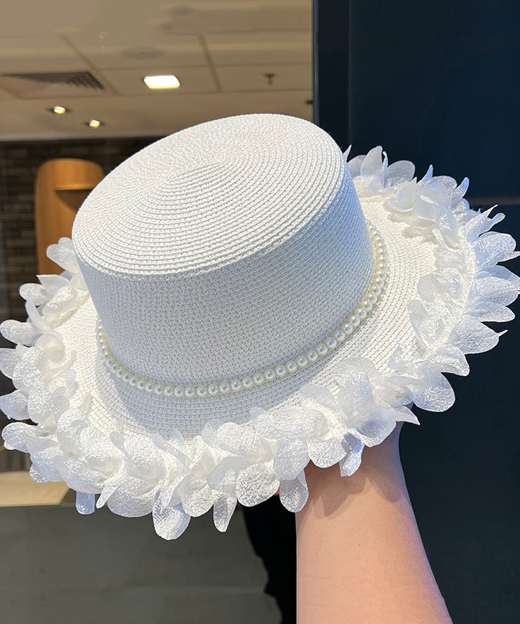 Japanese Elegant Black Pearl Lace Edge Straw Woven Cloche Hat