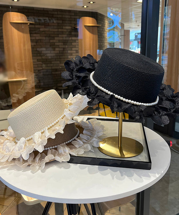 Japanese Elegant Black Pearl Lace Edge Straw Woven Cloche Hat