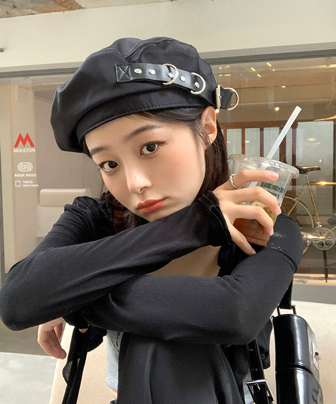 Japanese Style Black Belt Buckle Beret Hat