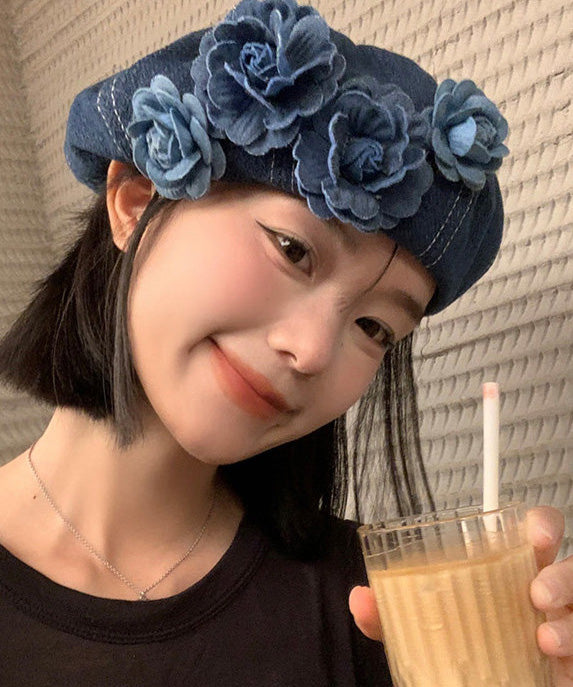 Japanese Style Blue Flower Patchwork Denim Beret Hat