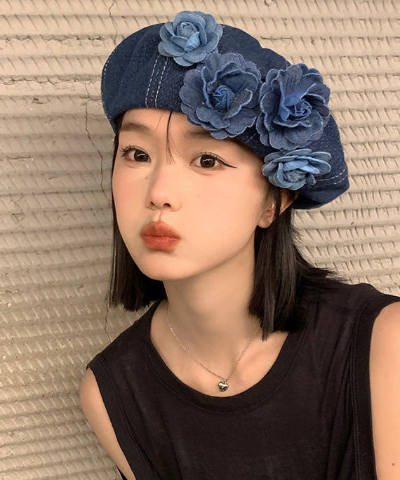 Japanese Style Blue Flower Patchwork Denim Beret Hat