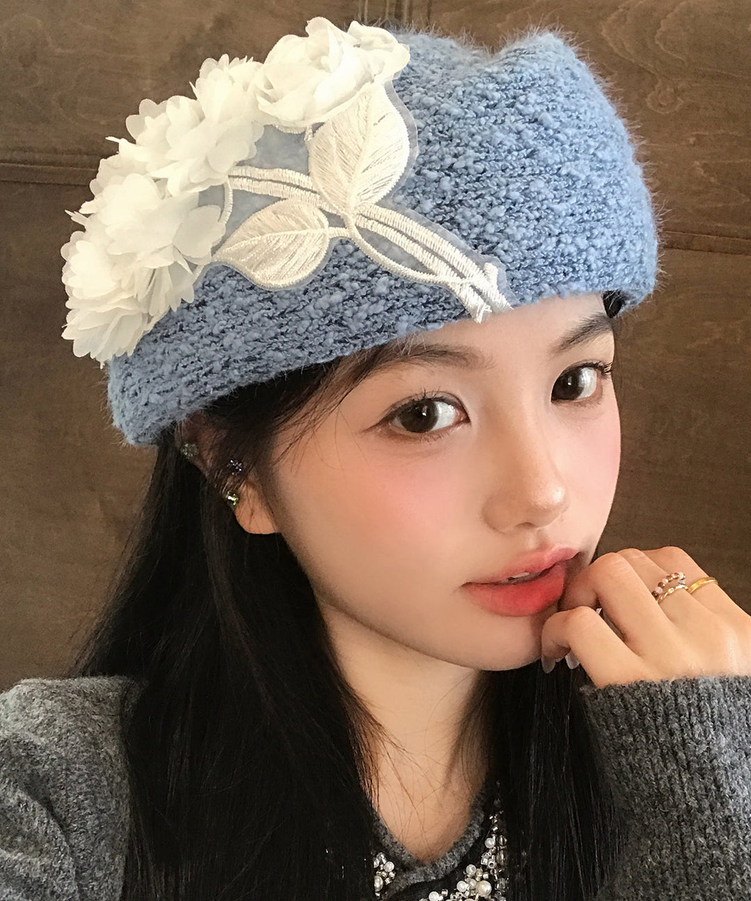 Japanese Style Blue Sweet Flower Blue Knitted Beret Hat